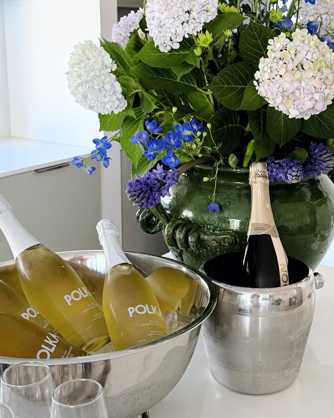 polka non alcoholic spritz in champagne bucket on display for baby shower